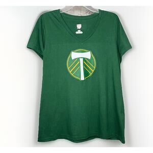NWT Timbers Soccer MLS Women LG Green Yellow V-Neck Short Sleeve Shirt Tee Logo
